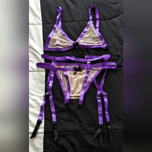Like New Purple & Cream Bra, Crothless Panties & Garter Set, Size M